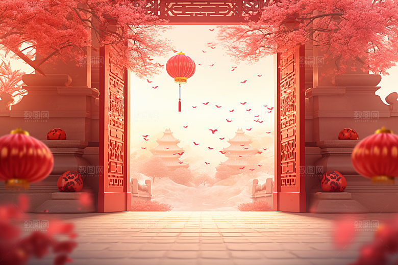 中式传统门楼火热直播背景图