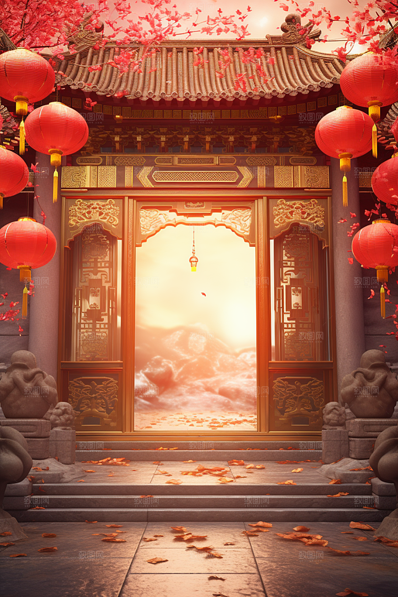 中式传统门楼开业火热背景图
