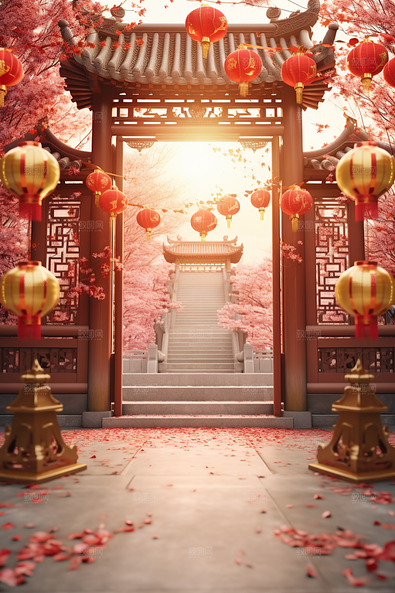 中式传统门楼中国风火热背景图