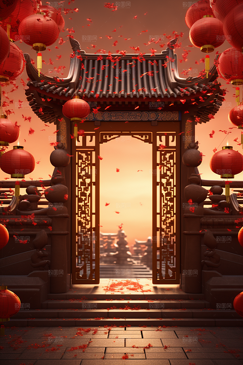中式传统门楼火热开门红背景图