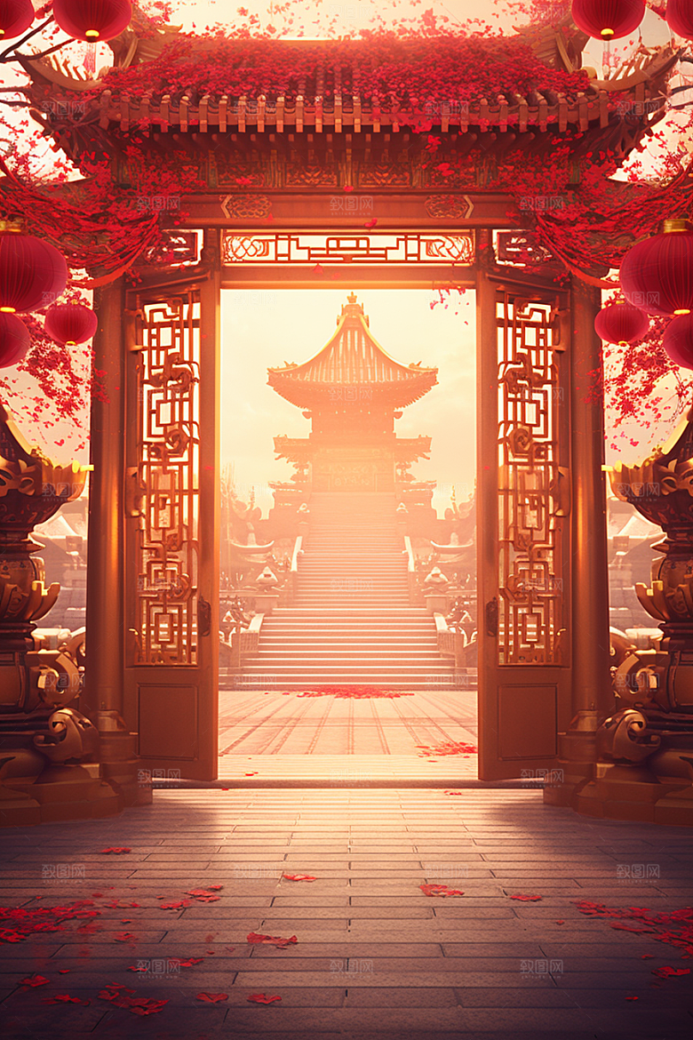 中式传统门楼开业大吉国潮背景图