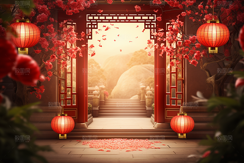 中式传统门楼开业喜庆背景图