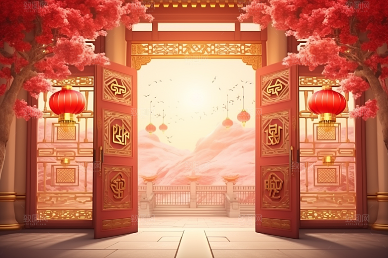 中式传统门楼中国风促销背景图