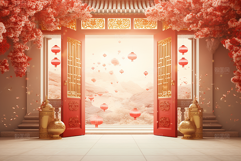 中式传统门楼火热开门红背景图