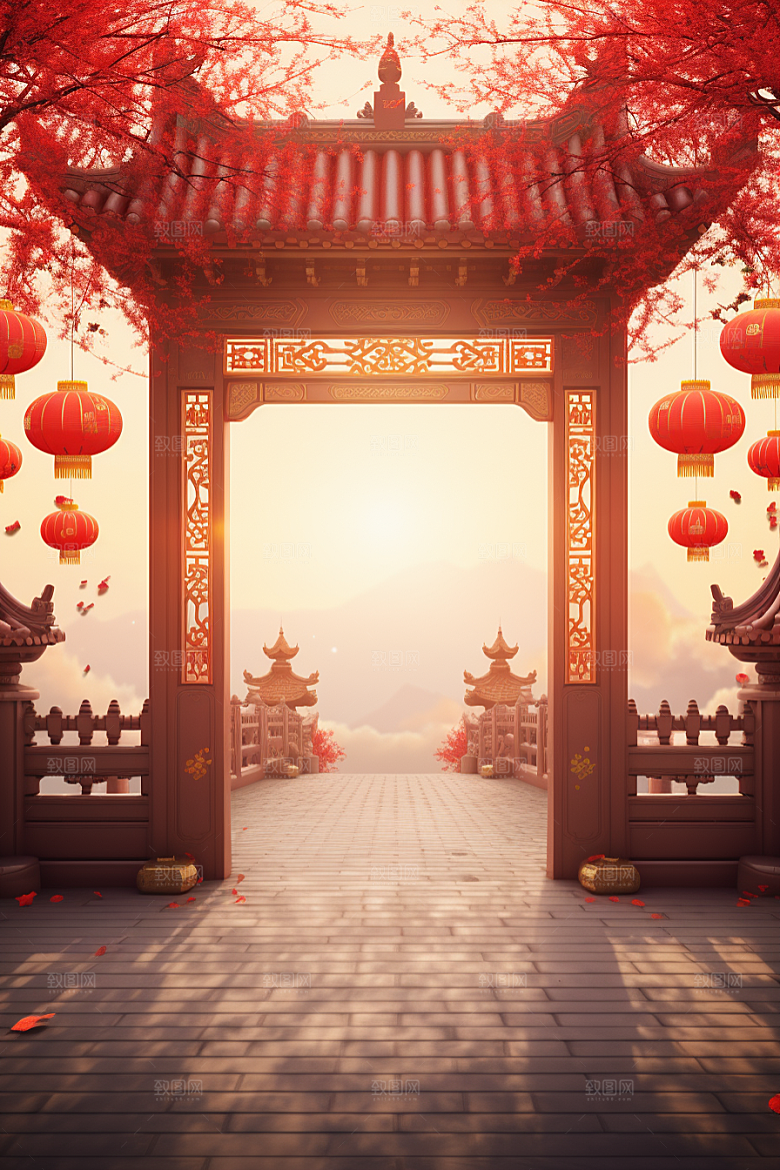 中式传统门楼促销直播背景图