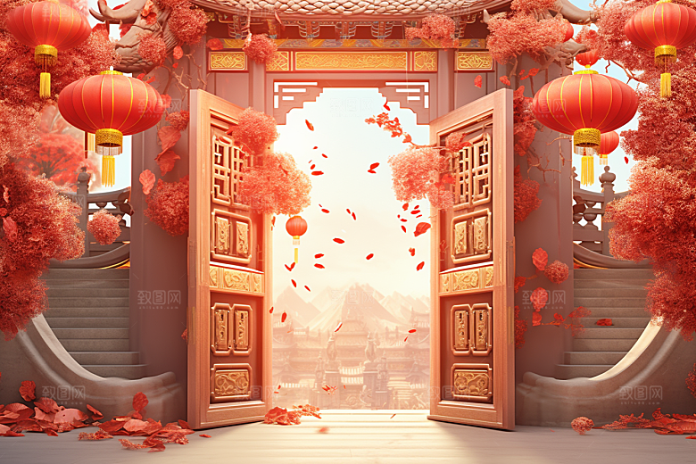 中式传统门楼直播国潮背景图