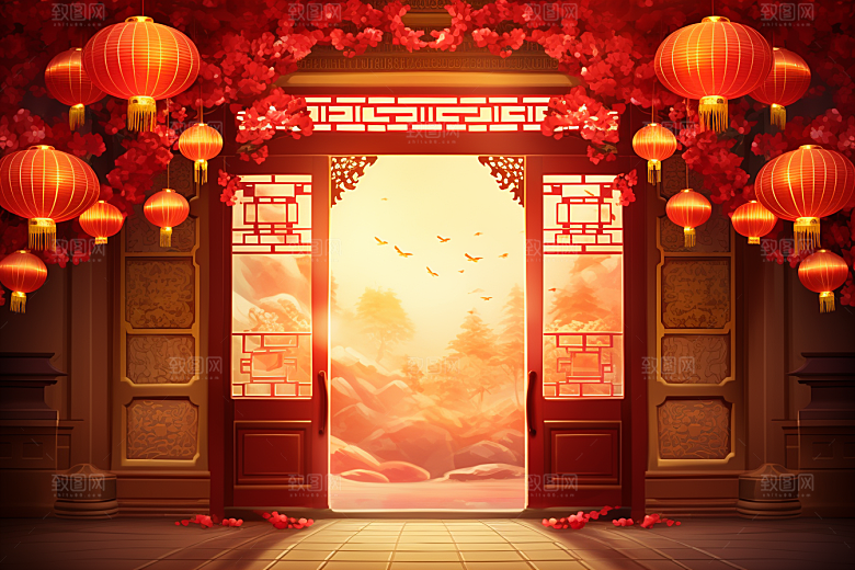 中式传统门楼喜庆开业大吉背景图