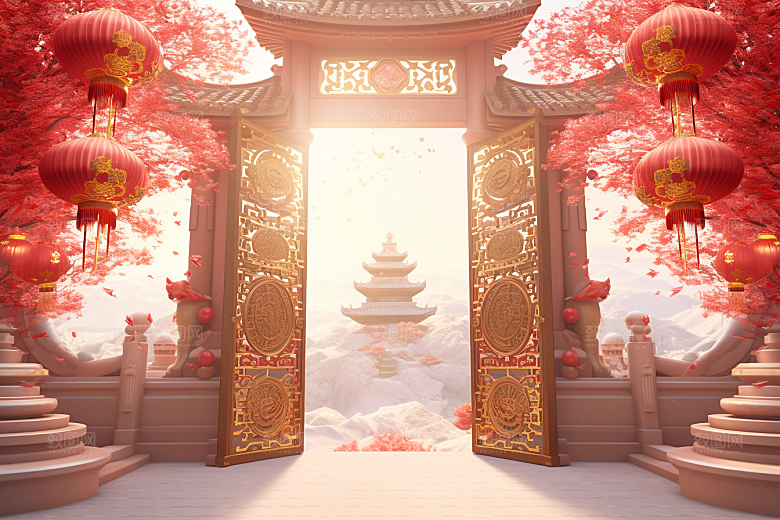中式传统门楼喜庆开门红背景图