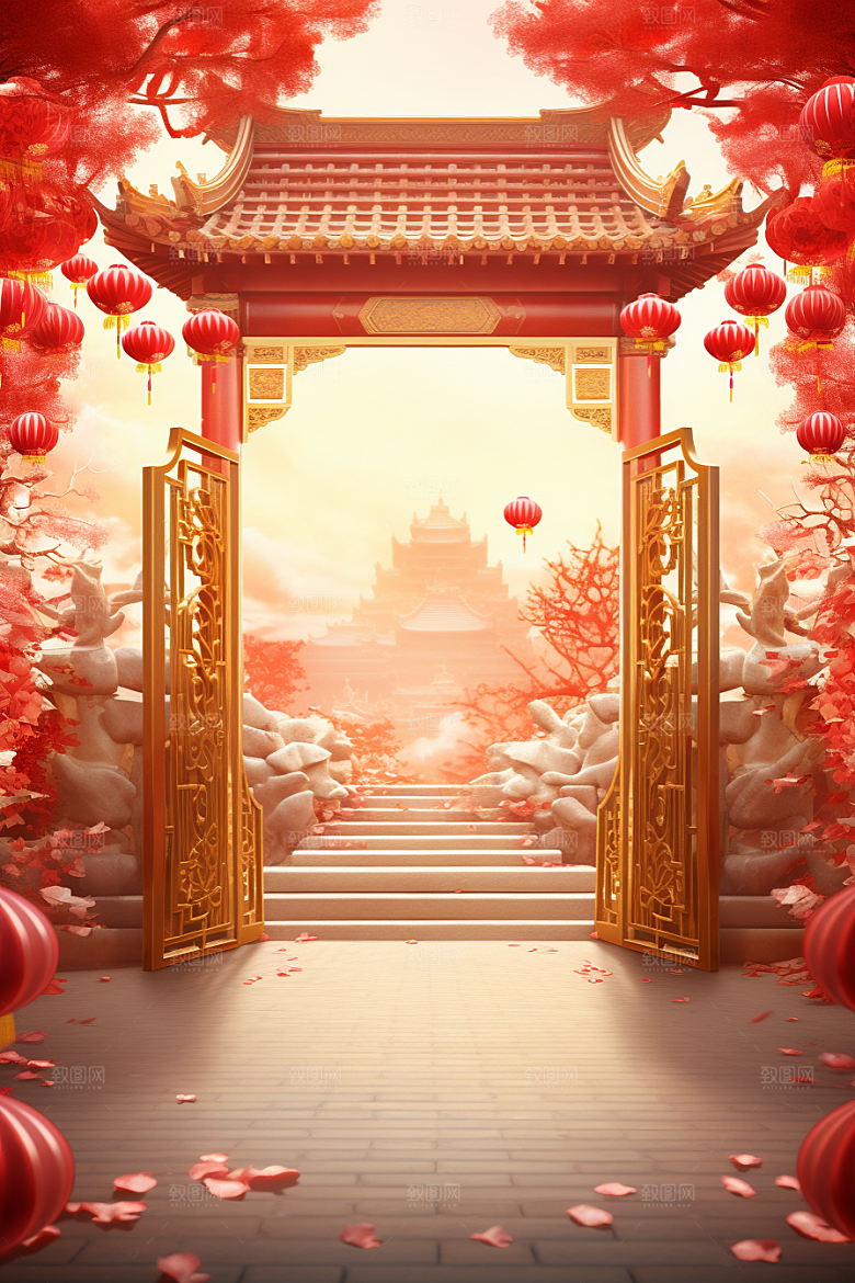 中式传统门楼开门红国潮背景图