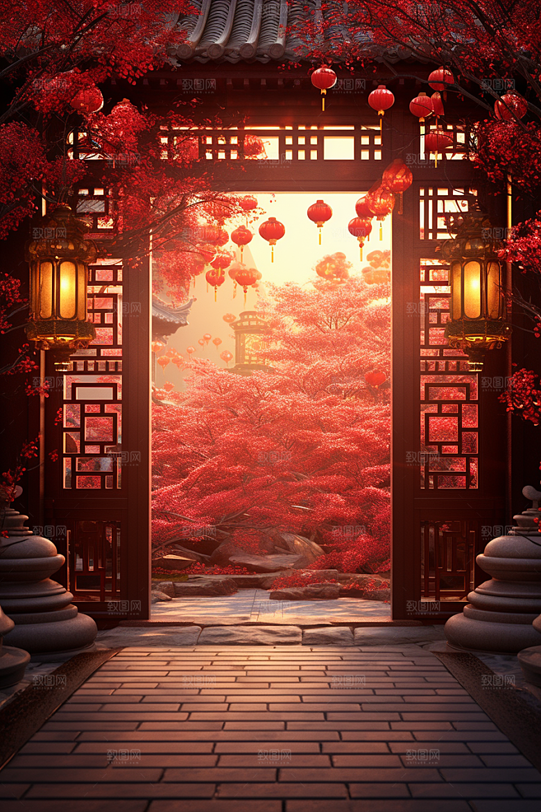 中式传统门楼火热直播背景图
