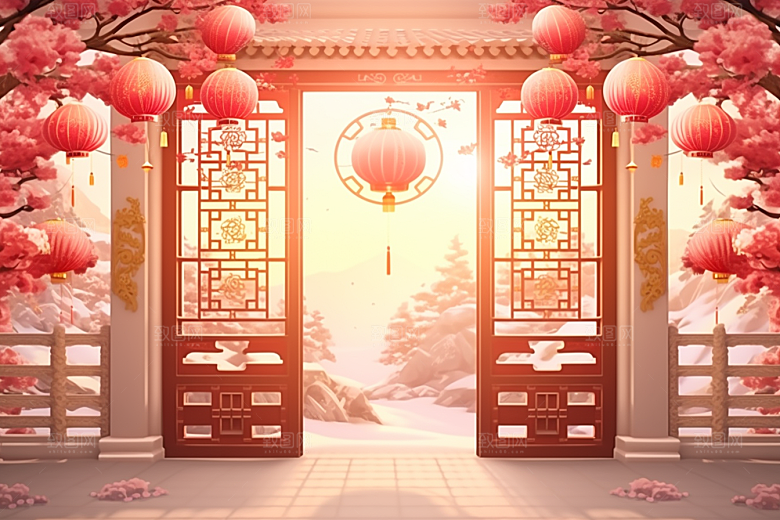 中式传统门楼火热喜庆背景图