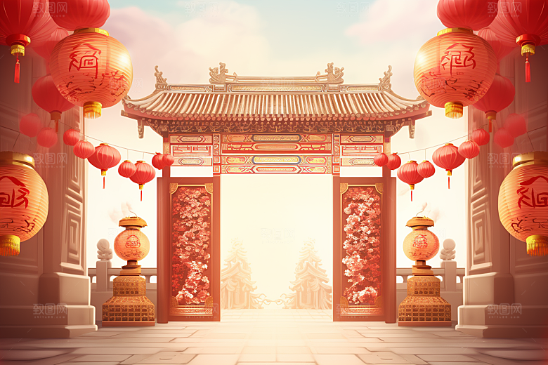 中式传统门楼开业大吉中国风背景图
