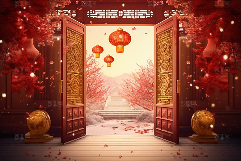 中式传统门楼促销喜庆背景图
