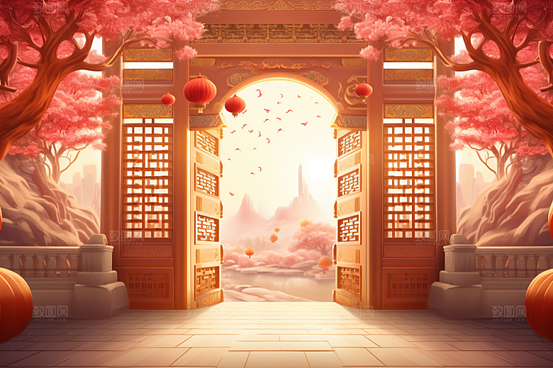 中式传统门楼开业国潮背景图