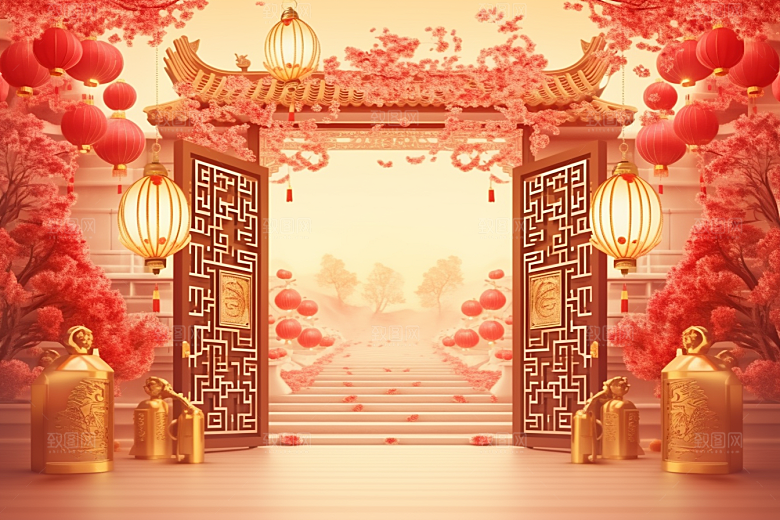 中式传统门楼直播开业大吉背景图
