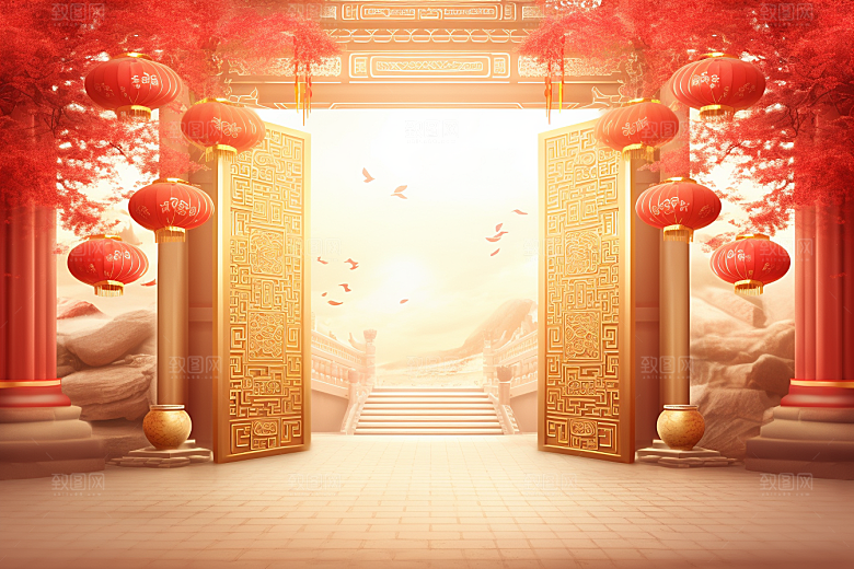 中式传统门楼开业大吉开门红背景图