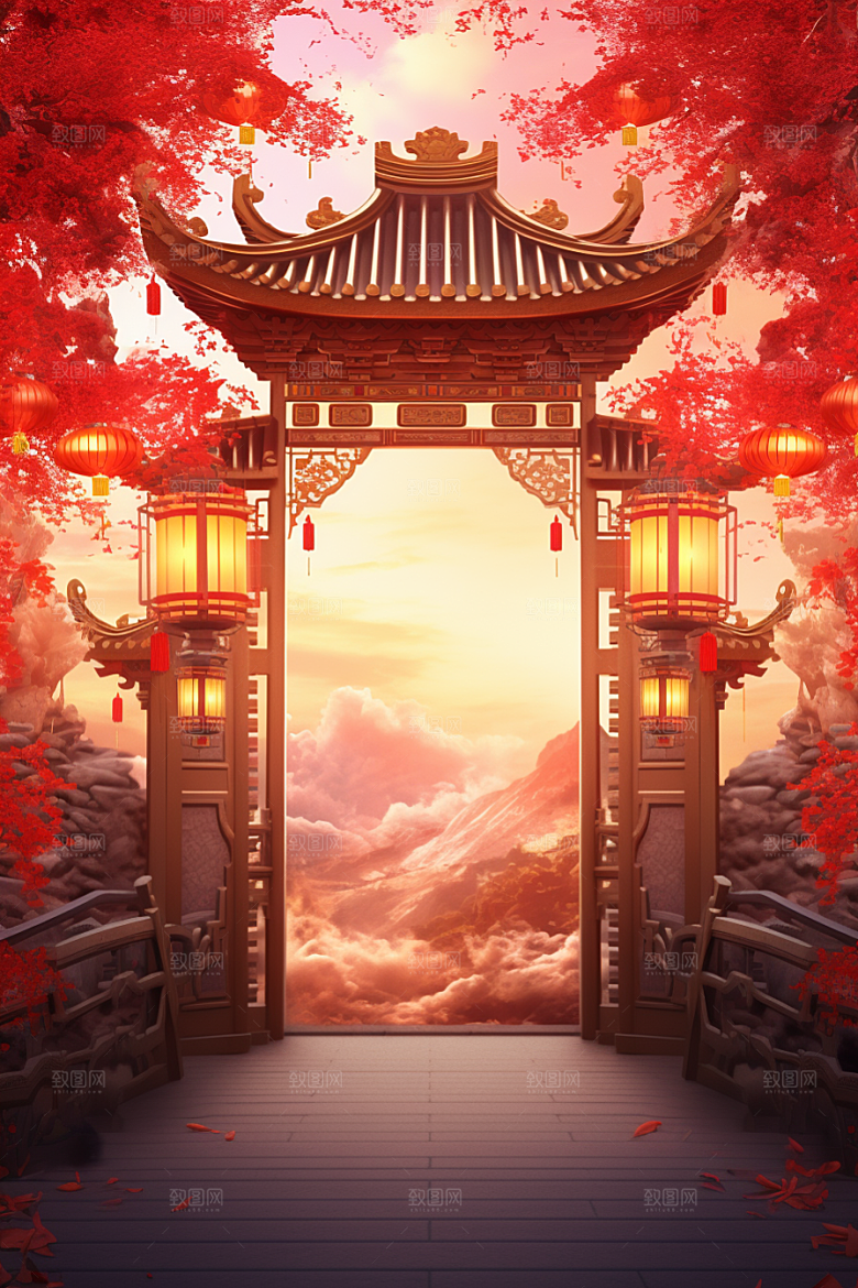 中式传统门楼热卖开业大吉背景图