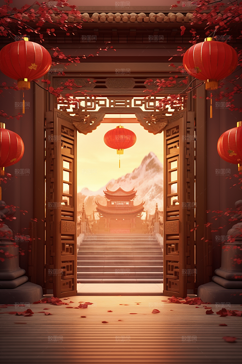 中式传统门楼中国风开门红背景图