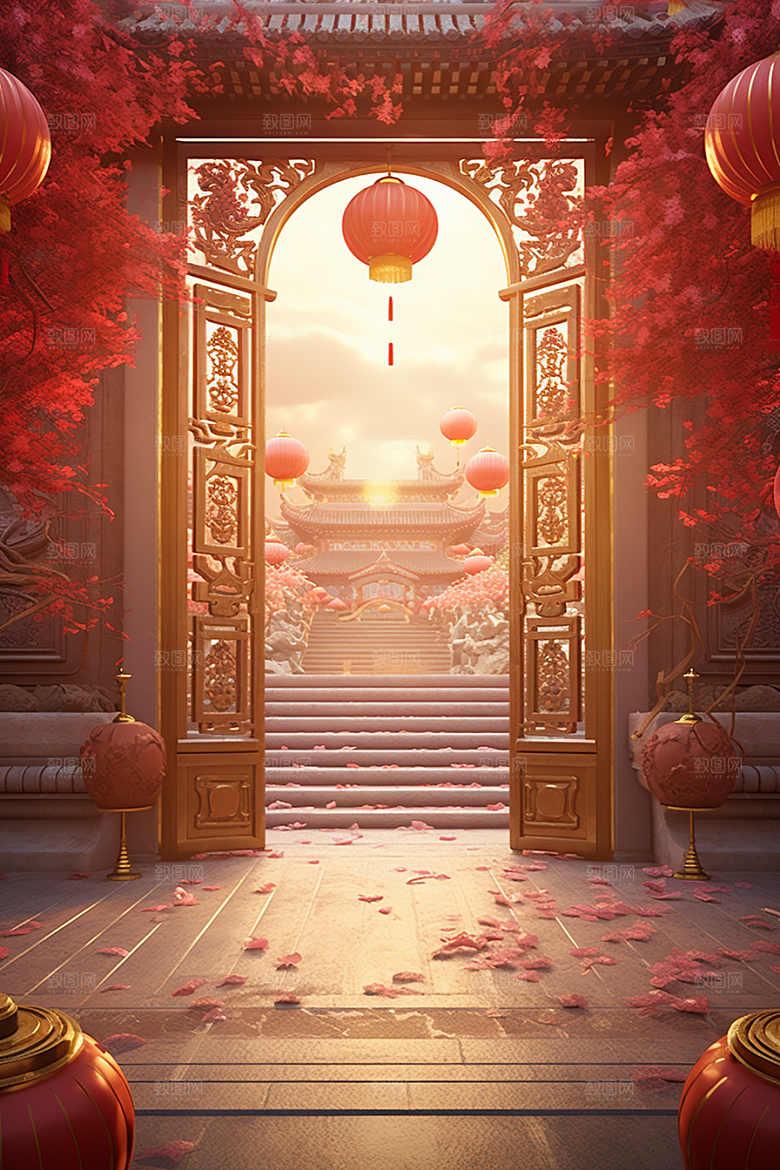 中式传统门楼火热开业大吉背景图