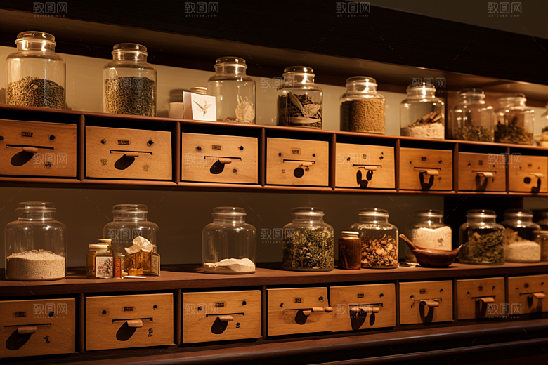 中药房抓药药柜摄影图