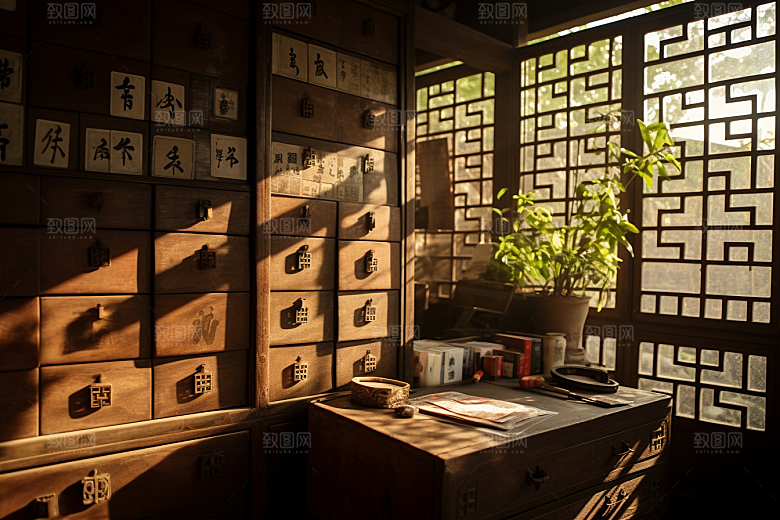 中药房抓药药柜摄影图