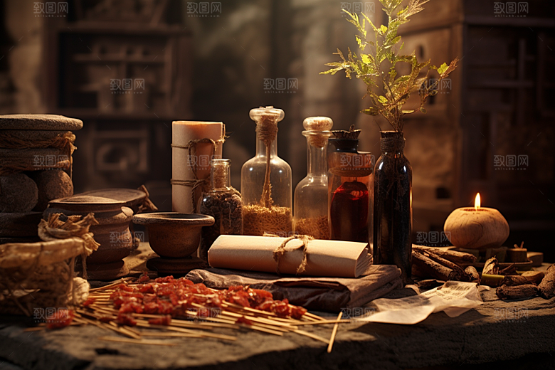 中药抓药草药摄影图