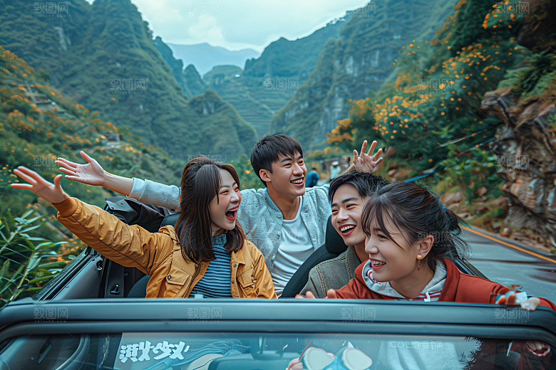 汽车自驾游出发在路上摄影图